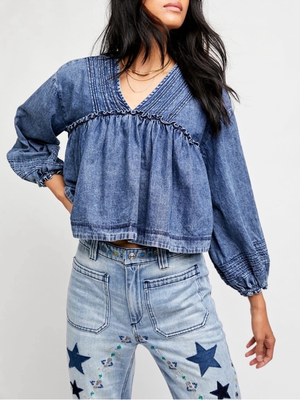 Free People Charlotte Denim Peasant Blouse Large Indigo Wash